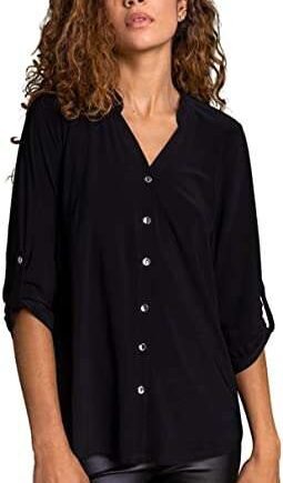 Roman Originals Shirt Top for Women UK Ladies Collarless Blouse Smart Tunic Button Through Longline Asymmetric Hem 3/4 Length Roll Up Sleeves V Neck Going Out