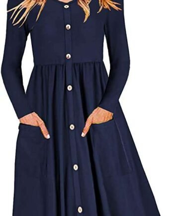 OUGES Women's Long/Short Sleeve V Neck Button Down Midi Skater Dress with Pockets