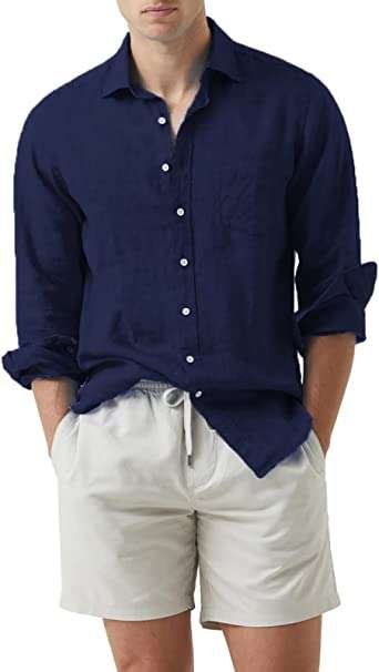 Meilicloth Mens Linen Shirts Long Sleeve Button Down Cotton Casual Dress Shirts with Front Pocket Regular Fit