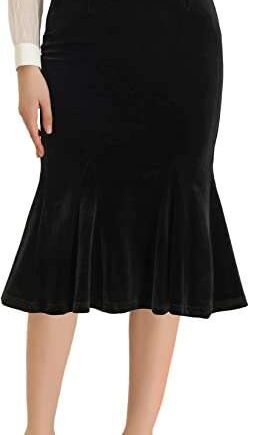 Allegra K Women's Feminine Chic Retro Bodycon Elastic Back Velvet Midi Fishtail Mermaid Skirt