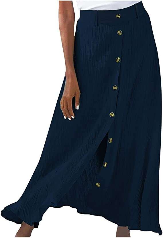 Boho Maxi Skirts for Women Long Skirts Sale Ladies Summer Chic Solid Skirt Mid Waist Long Dress Bohemian Swing A-Line Button Skirts Beach Skirts Clearance UK