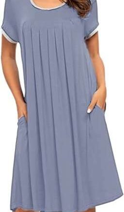 MINTLIMIT Women's Short Sleeve Pleated Scoopneck Sleep Dress Loungewear Nightshirts with Pockets