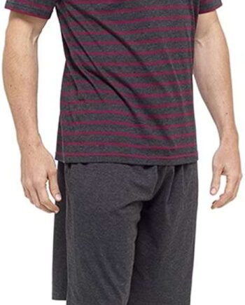 Mens/Gentlemens Nightwear/Sleepwear Striped Short Sleeve T-Shirt & Shorts Pyjama Set, Red Large