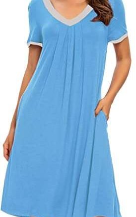 MINTLIMIT Womens Nightgown V Neck Sleepwear Short Sleeve Casual Nightshirt Pleated Sleep Shirt Dress with Pockets,Blue（D）,XL