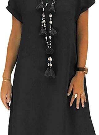 Women's Dress Summer Linen Dresses Casual V Neck Midi Dress Short Sleeve A-line Dress Sundress Tunic Dress Without Accessories