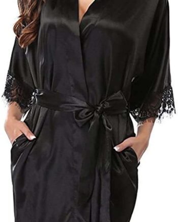 TOEECY Women's Short Kimono Robe Silky Satin Bathrobe Bride Bridesmaids Robes Lace Trim Dressing Gown Sexy V Neck Getting Ready Sleepwear Soft Nightgown