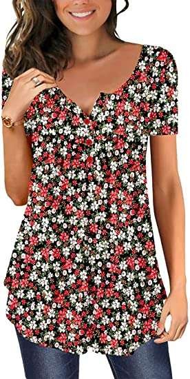 Womens Casual Blouses Tops Loose Pleated Floral Tunic Shirts for Women UK V Neck Button Up Henleys