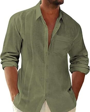 AUDATE Men's Cotton Linen Shirts Long Sleeve Casual Shirts Vintage Button Solid Shirts Beach Tops