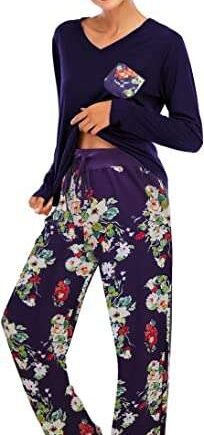 Famulily Women Comfy Pajamas, Ladies Pyjamas Set Floral Printing Long Sleeve Loungewear Top and Wide Leg Pants Pjs Set Soft Nightwear Sleepwear