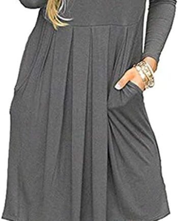 AUSELILY Women's Long Sleeve Pleated Loose Swing Casual Dress with Pockets Knee Length