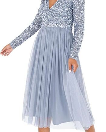 Maya Deluxe Women's Ladies Wedding Guest Midi Dress Long Sleeve Plunging Neckline V Neck Sequin Embellished Graduation Bridesmaid