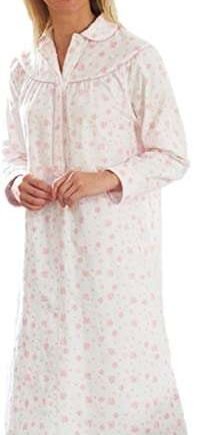 Ladies Long sleeve Warm Winter 100% Brushed Cotton Winceyette Nightdress Pink or Blue Floral Pattern on Cream