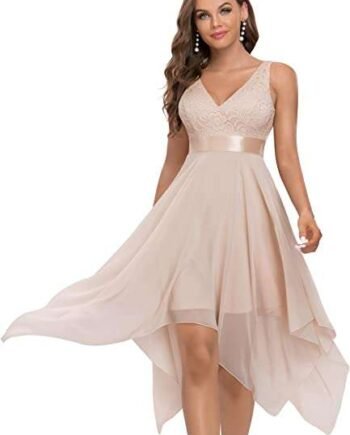 Ever-Pretty Women's Sleeveless V Neck Empire Waist A Line Lace Chiffon Knee Length Prom Evening Dresses with Asymmetry Hem 00207