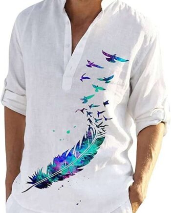 Mens Long Sleeve Casual Cotton Linen Shirts Hawaiian Graphic Print Tees V Neck Buttons Up Beach Yoga T Shirts Tops