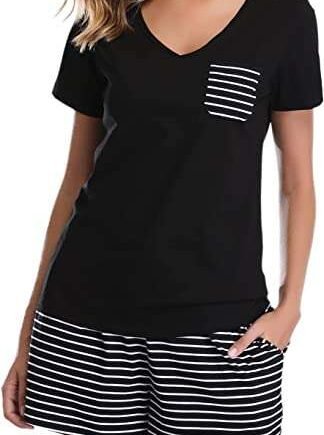 Vlazom Women's Pyjama Sets V-Neck Soft Loungewear Summer Pjs Set Cotton Short Sleeve Sleepwear with Pockets Drawstring