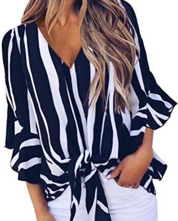 Dokotoo Womens Striped 3/4 Bell Sleeve Tops Ruffled Tie Front Women's Blouses & Shirts