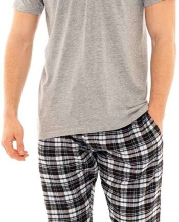 Style It Up Mens Flannel Pyjamas Cotton PJ Set Short Sleeve Crew Lounge Top Soft Check Pants