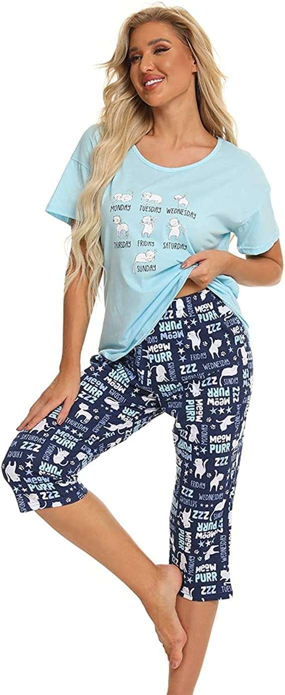 Misscoo Women Pajamas Set Sleeveless Loungewear Capri Pants for Women Ladies Girls Students Cotton Spring Summer Pajamas Set Sleepwear Nighty