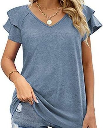 SURVEAL Women Tops V Neck Ruffle Sleeve Summer Casual T Shirts Loose fit Ladies Tops Blouses