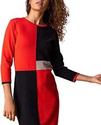 Roman Originals Knitted Jumper Dress for Women UK - Ladies Colour Block Sweater Winter Autumn Smart Casual Office Bodycon Workwear Everyday Long Sleeve Knee Length Knit Pocket