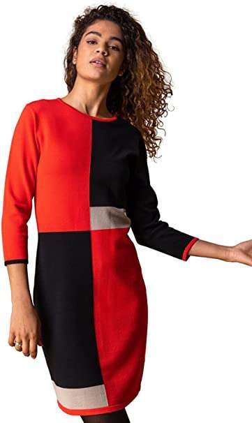 Roman Originals Knitted Jumper Dress for Women UK - Ladies Colour Block Sweater Winter Autumn Smart Casual Office Bodycon Workwear Everyday Long Sleeve Knee Length Knit Pocket