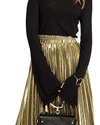 LA HUATE Women Girls Metallic Pleated Skirt Summer Long Beach Skirt Luster Satin Party Midi Skirt