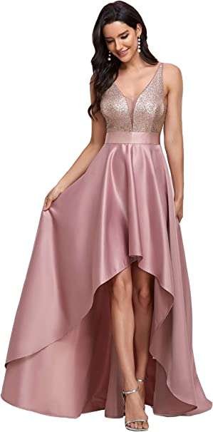 Ever-Pretty Women's V Neck Elegant A Line Hi-Low Empire Waist Satin Skirt Long Prom Dresses with Sequin 00667