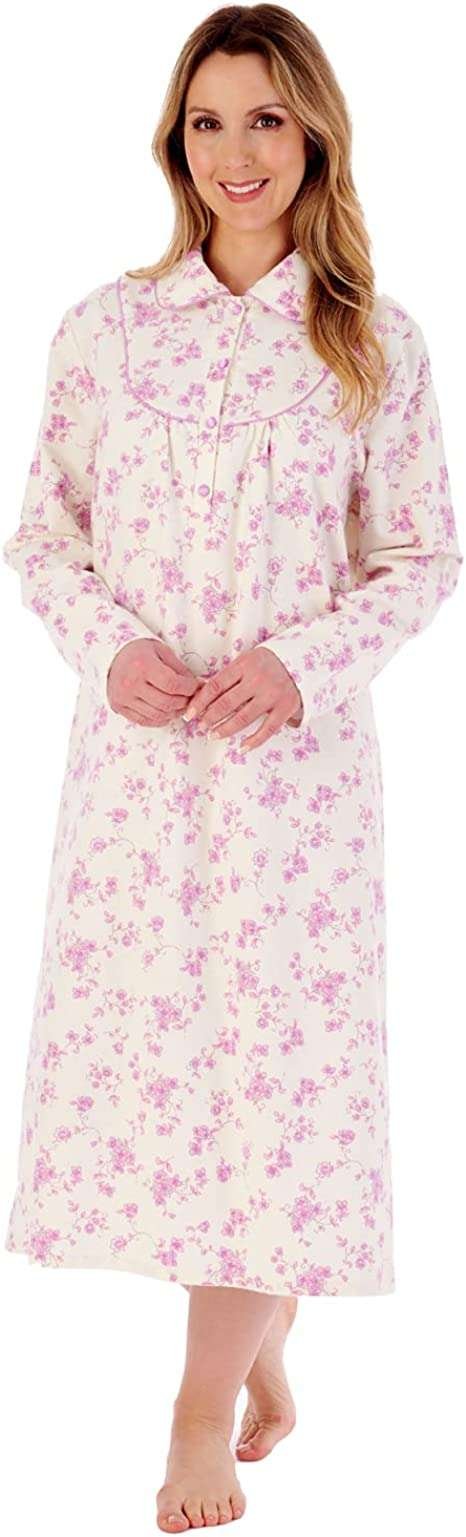Slenderella Floral Brushed Cotton Buttoned Top Collar 45 inch Nightdress