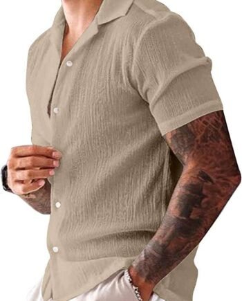 AUMELR Mens Linen Shirts Cotton Summer Hawaiian Shirts Casual Short Sleeved Shirts Yoga Tops