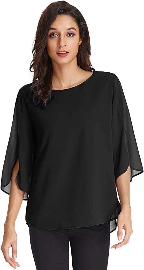 GRACE KARIN Women's Chiffon Blouse Tops Elegant Casual Loose 3/4 Split Sleeve Crew Neck Blouse Shirts