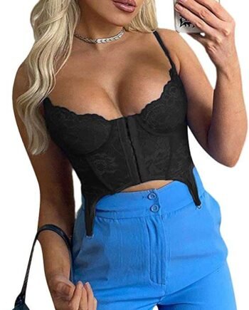Sunfanrtnn Women's Y2k Lace Corset Tops Sleeveless Spaghetti Strap Bustier Cami Tanks Push Up Corset Crop Top Vintage Streetwear