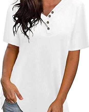 Womens Short Sleeve Tops Summer Tops Loose Blouses Daily T-Shirts Casual Tops Button Basic Tee Henley Tunic Jumpers
