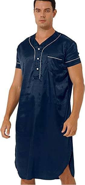 Doomiva Men's Silk Satin Nightshirt Soft Nightgowns Short Sleeve Button Curved Hemline Pullover Nightwear
