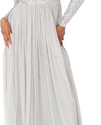 Maya Deluxe Women's Maya Embellished Long Sleeve Maxi Dress Bridesmaid, Soft Grey, 14