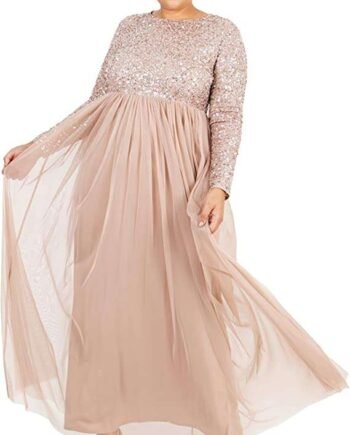 Maya Deluxe Women's Maya Embellished Long Sleeve Maxi Dress Bridesmaid, Taupe Blush, 12