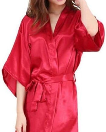 Nightwear Kimono Sexy Nightwear Silk Satin Lace Dressing Gown Bath Robe G String (Short (70-80 cm), Red)