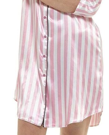 Ladies Pink Striped Satin Button Through Nightshirt Nightdress