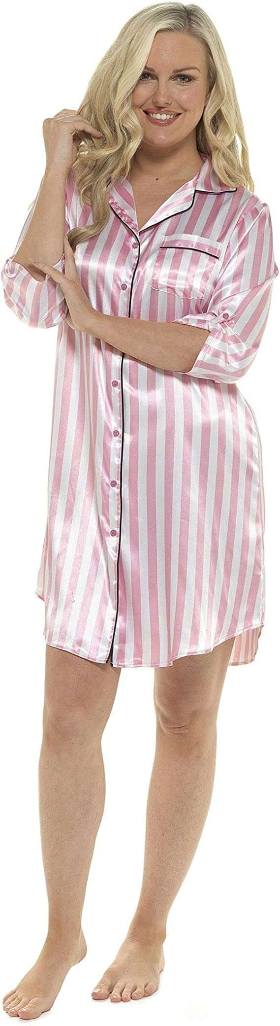 Ladies Pink Striped Satin Button Through Nightshirt Nightdress