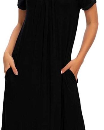 MINTLIMIT Womens Nightgown V Neck Sleepwear Short Sleeve Casual Nightshirt Pleated Sleep Shirt Dress with Pockets