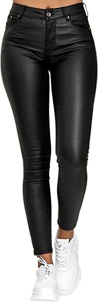 FeMereina Women's Stretchy Faux Leather Leggings High Waisted Sexy Tights Black PU Bodycon Pants with Pockets