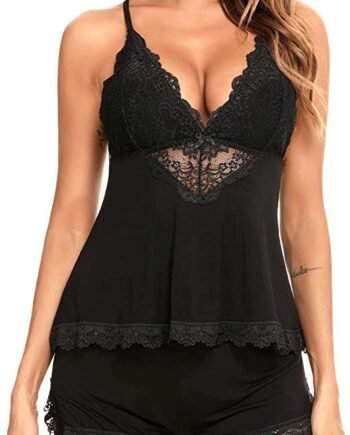 RSLOVE Womens Sexy Pyjama Set Lace Camisole and Shorts V-Neck Sleepwear Modal Nightwear