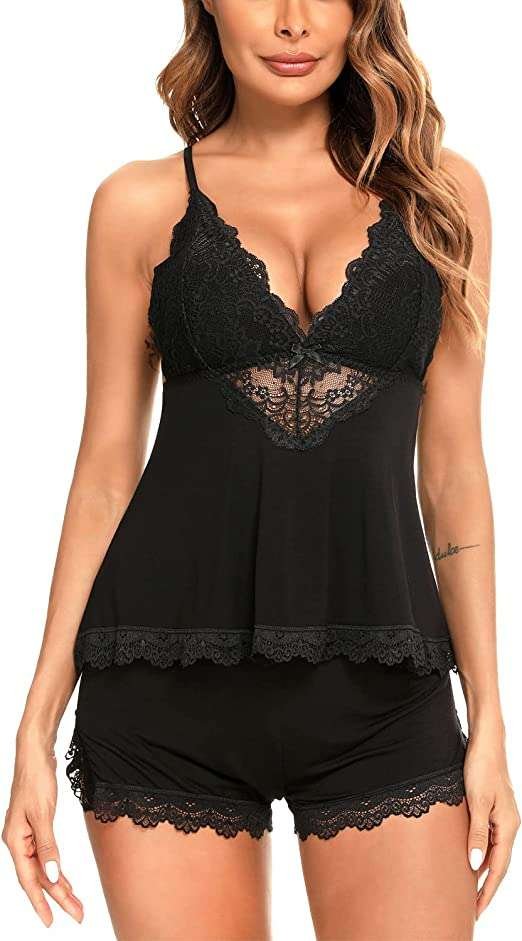 RSLOVE Womens Sexy Pyjama Set Lace Camisole and Shorts V-Neck Sleepwear Modal Nightwear