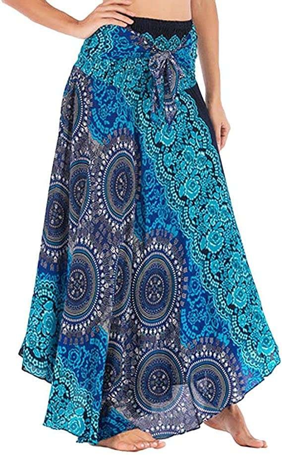 Elastic Waist Hippie Gypsy Skirt for Women Halter Long Maxi Skirts Vintage Boho Casual Flowy Dress Beach Cover Ups