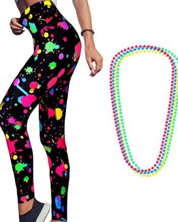 Neon High Waisted Women's Artistic Printed 80s Leggings Women's Yoga Running Soft Pants with 4 Pieces Neon Necklace