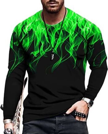Mens Long Sleeve T-Shirt Flame Print Henley Shirts Casual Fashion Hippie Beach T Shirts