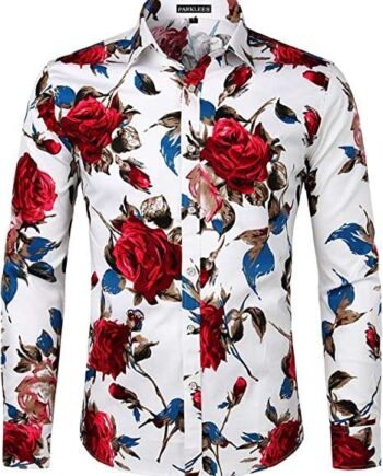 PARKLEES Men's Floral Printed Long Sleeve Button Down Party Casual Fancy Floral Shirts