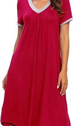 MINTLIMIT Womens Nightgown V Neck Sleepwear Short Sleeve Casual Nightshirt Pleated Sleep Shirt Dress with Pockets