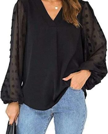 Blooming Jelly Womens Chiffon Blouse Long Sleeve V Neck Shirts Black Oversized T Shirt Tops