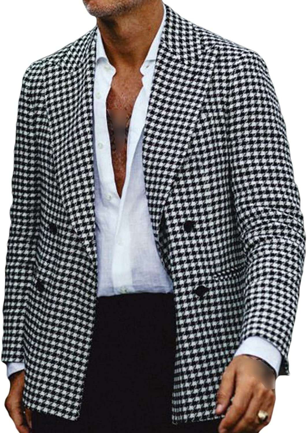 Mens Classic Plaid Sport Coats Double-Breasted Three-Button Blazer Casual Notched Lapel Checked Suit Jacket
