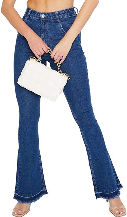 JMOJO - Flared Jeans for Women - High Waisted Jeans with Internal Waist Adjusters - Stretch Jeans for Women UK with 5 Pocket Design & Belt Loops - High Rise Frayed Hem Flared Pants